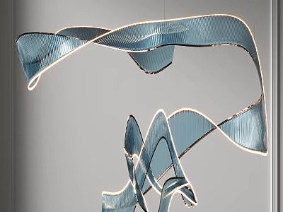 Modern Artistic Blue Curved Ribbon Shaped Pendant Light in Interior Design 3d model