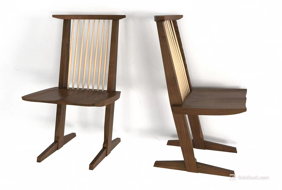 Wooden Single Chair With Vertical Slat Back And Angled Legs Design 3d model 