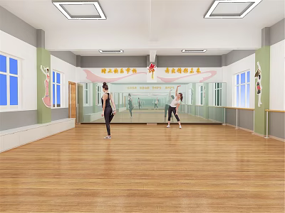Two People Doing Fitness Dance In Studio With Wooden Floor And Mirror Wall 3d model