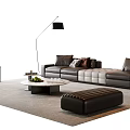 Modern Black Leather Sofa and Round Coffee Table Set With Floor Lamp Ottoman and Rug
