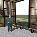 Modern Pergola With Wooden Slats Lattice Panels And Benches On Grass