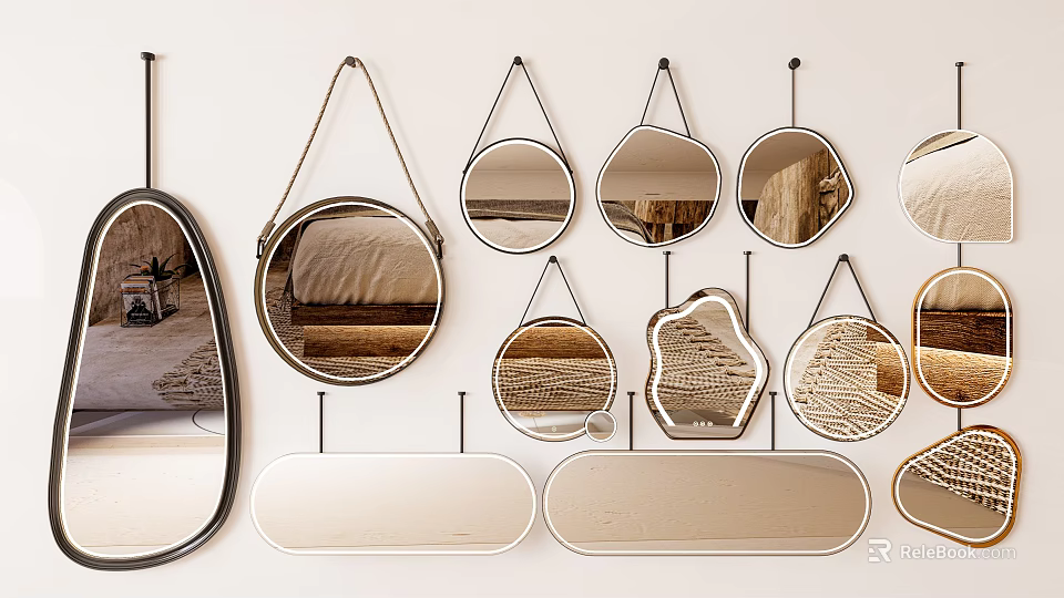 Decorative Mirrors With Various Shapes And Designs Hanging On White Wall 3d model 