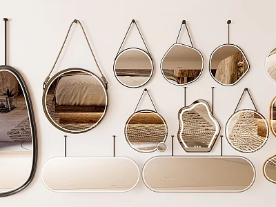 Decorative Mirrors With Various Shapes And Designs Hanging On White Wall 3d model