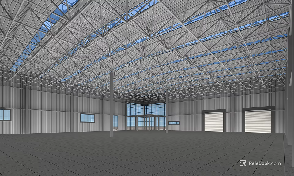 Spacious Industrial Building Interior With Metal Roof Large Windows And Roll Up Doors 3d model 