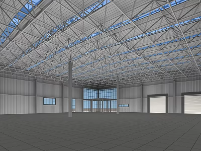 Spacious Industrial Building Interior With Metal Roof Large Windows And Roll Up Doors 3d model