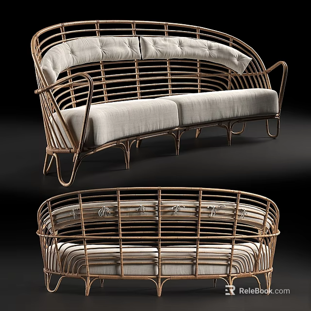 Elegant Modern Two Seater Sofa With Rattan Frame And Soft White Cushions 3d model 