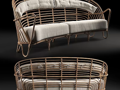 Elegant Modern Two Seater Sofa With Rattan Frame And Soft White Cushions 3d model