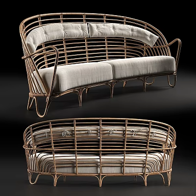 Elegant Modern Two Seater Sofa With Rattan Frame And Soft White Cushions 3d model