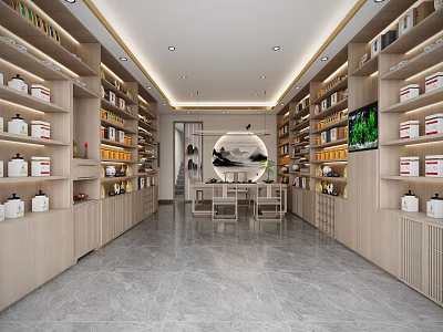 Specialty Store Interior With Modern Shelves Displayed Products Central Tables Chairs And Bright Lighting 3d model