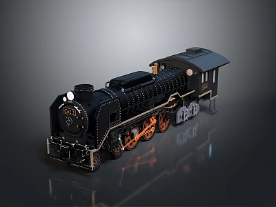 Black Steam Locomotive Model With Brass Accents On Smooth Gray Reflective Surface 3d model