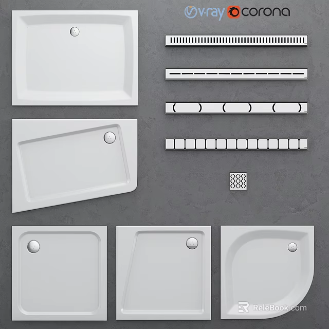 Modern White Bathroom Shower Trays With Drain Channels And Various Shapes Design 3d model 