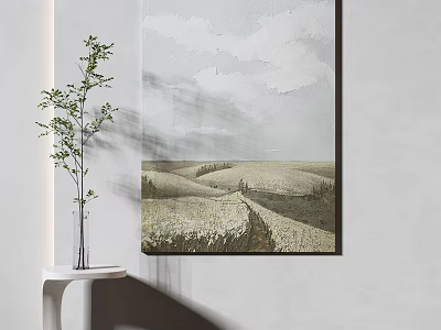 Serene Rural Landscape Painting With Rolling Fields Path And Cloudy Sky 3d model