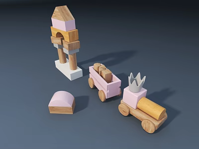 Colorful Wooden Blocks Set Featuring Tower Pink Cart Crown And Scattered Pieces 3d model