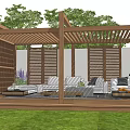 Outdoor Wooden Pergola Area With Comfortable Sofa Coffee Tables Green Lawn And Trees