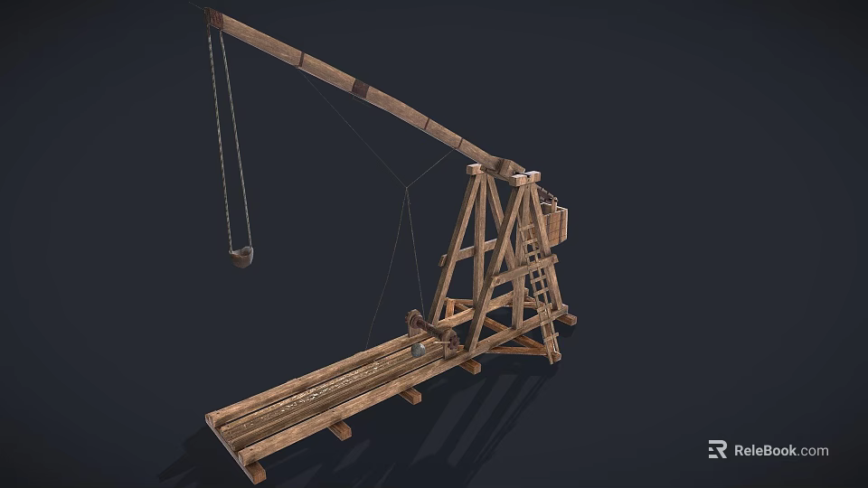 Ancient Wooden Catapult Weapon With Long Arm Bucket And Support Structure 3d model