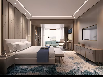 Modern Hotel Room With Wooden Walls Large Window Comfortable Bed Blue Sofa And Patterned Carpet 3d model