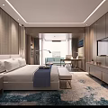 Modern Hotel Room With Wooden Walls Large Window Comfortable Bed Blue Sofa And Patterned Carpet