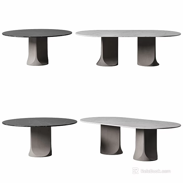 Modern Round And Oval Dining Tables With Neutral Gray Tops And Unique Sculpted Bases 3d model 