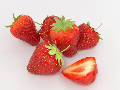 Fresh Ripe Strawberries With Green Leaves And Sliced Half On White Background 3d model