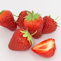 Fresh Ripe Strawberries With Green Leaves And Sliced Half On White Background