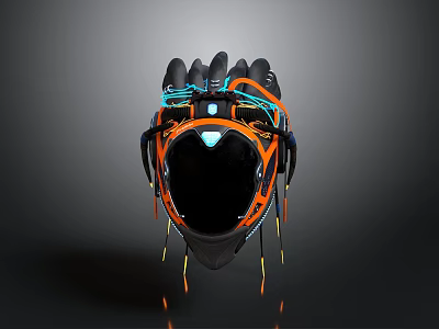 Futuristic Weapon Helmet with Black Orange Design and Blue Yellow Tech Cables 3d model