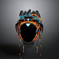 Futuristic Weapon Helmet with Black Orange Design and Blue Yellow Tech Cables