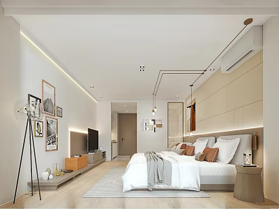 Modern Hotel Guest Room Interior With King Bed Soft Lighting And Bedside Decor 3d model