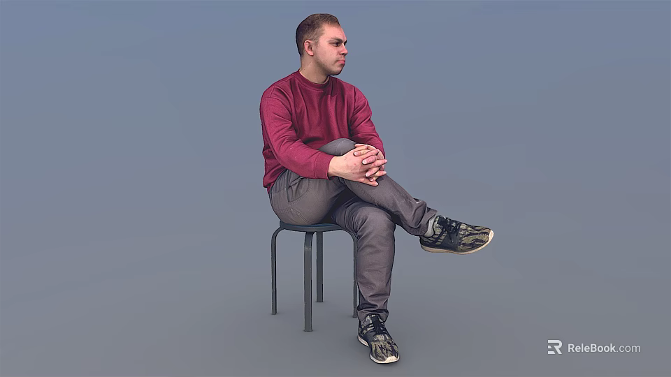 Man Sitting On Chair In Red Sweater Gray Pants Black Sneakers Against Light Blue Background 3d model 