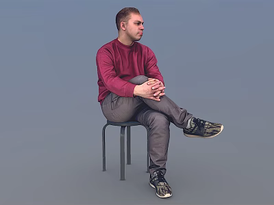 Man Sitting On Chair In Red Sweater Gray Pants Black Sneakers Against Light Blue Background 3d model