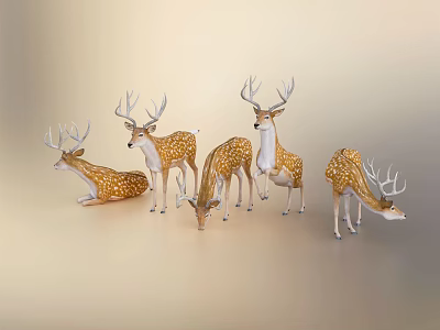 Golden and White Spotted Deer Figurines in Various Poses on Light Background 3d model