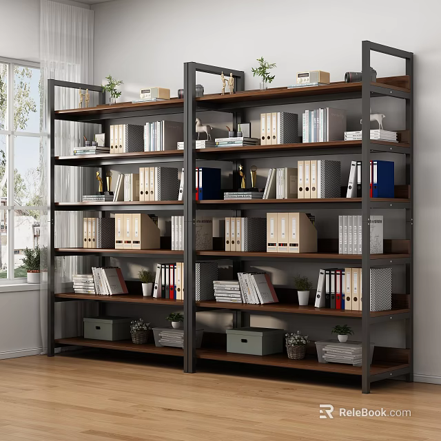 Sturdy Wood And Metal Shelving Unit With Organized Files Books Storage Boxes And Small Potted Plants 3d model 