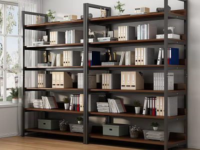 Sturdy Wood And Metal Shelving Unit With Organized Files Books Storage Boxes And Small Potted Plants 3d model