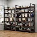 Sturdy Wood And Metal Shelving Unit With Organized Files Books Storage Boxes And Small Potted Plants