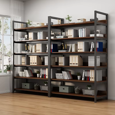 Sturdy Wood And Metal Shelving Unit With Organized Files Books Storage Boxes And Small Potted Plants 3d model