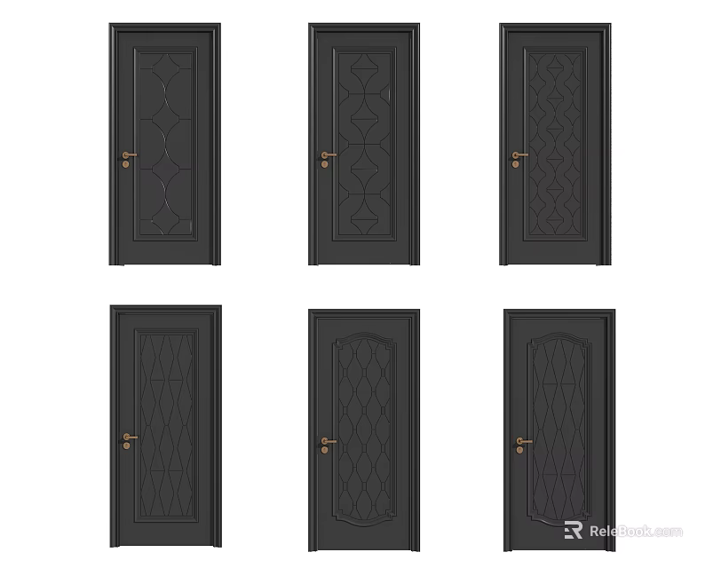 Elegant Black Swing Doors Featuring Intricate Patterns And Golden Handles 3d model