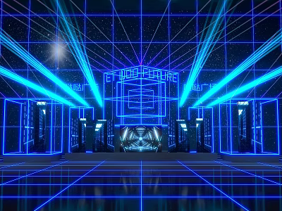 Stunning Stage Design With Blue Lines Geometric Frames And Starry Sky Background 3d model