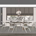 Modern Restaurant Interior With Dining Table Beige Chairs Pendant Light And Decorative Backdrop