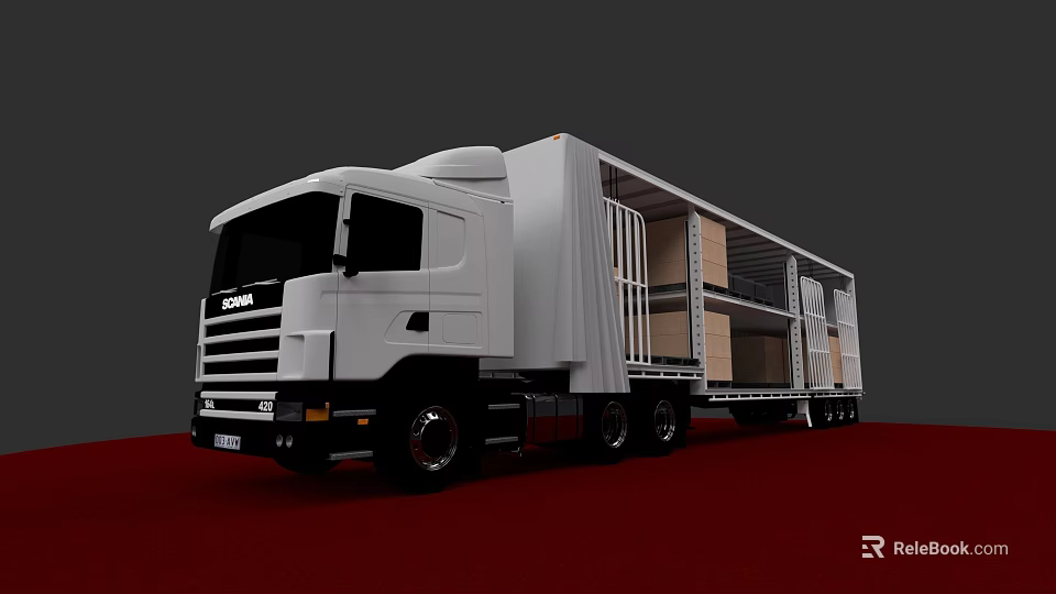 White Scania Truck With Open Cargo Area Carrying Wooden Crates On Red Surface 3d model 