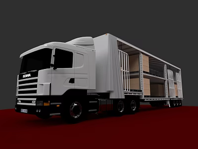 White Scania Truck With Open Cargo Area Carrying Wooden Crates On Red Surface 3d model
