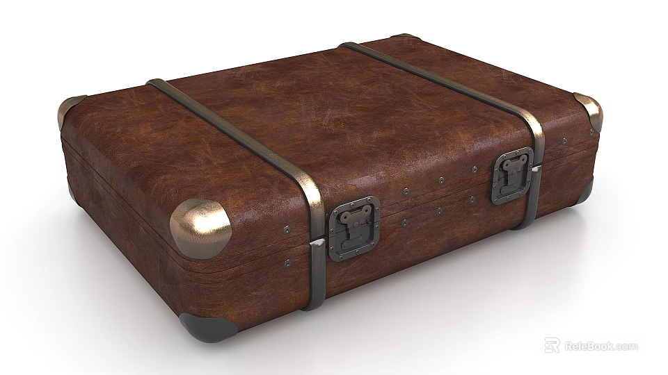 Vintage Brown Leather Suitcase With Metal Straps Buckles And Classic Design 3d model 