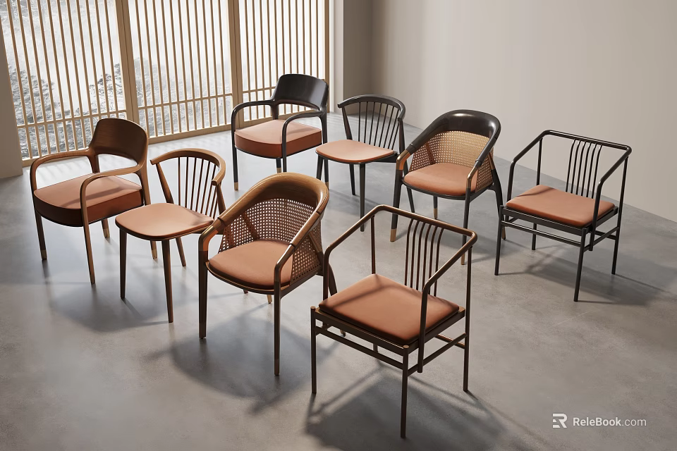 Modern Dining Chairs With Different Designs Metal Frames Rattan Elements And Upholstered Seats 3d model