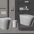 Modern Bathroom With White Smart Toilets Trash Can And Wall Shelf Toiletries