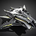 Sci-Fi Spaceship 3D Model Featuring Metallic Gray Body Yellow Accent Lines And Complex Structure