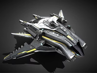 Sci-Fi Spaceship 3D Model Featuring Metallic Gray Body Yellow Accent Lines And Complex Structure 3d model