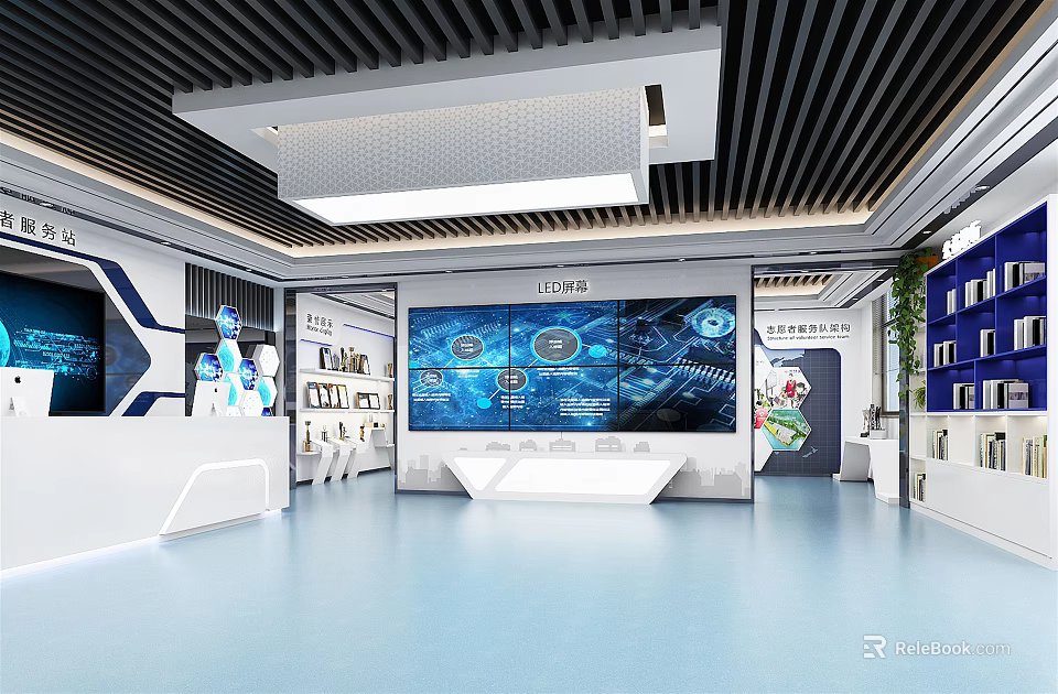 High Tech Exhibition Hall Featuring Large Display Screens Blue Tone Stand Bookshelves And Green Plants 3d model 