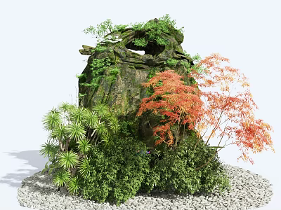 Courtyard Garden Landscaping With Natural Rock Formation Green Shrubs Red Maple Tree And Pebble Ground 3d model