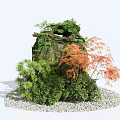 Courtyard Garden Landscaping With Natural Rock Formation Green Shrubs Red Maple Tree And Pebble Ground