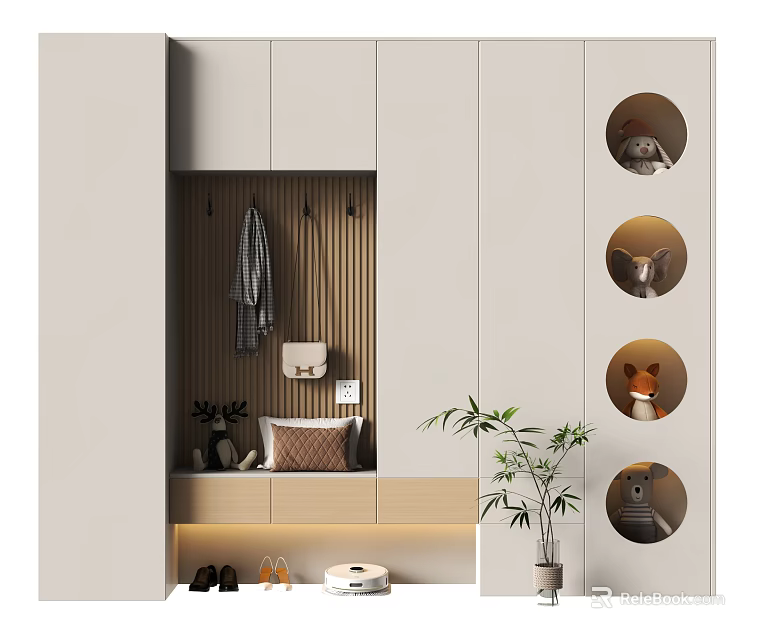 Modern Shoe Cabinet With Hanging Hooks Round Storage Niches Shoe Space And Potted Plant 3d model 