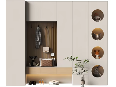Modern Shoe Cabinet With Hanging Hooks Round Storage Niches Shoe Space And Potted Plant 3d model