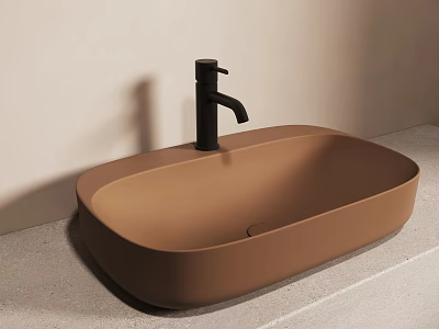 Oval Shaped Brown Washbasin With Black Faucet On Light Colored Countertop 3d model